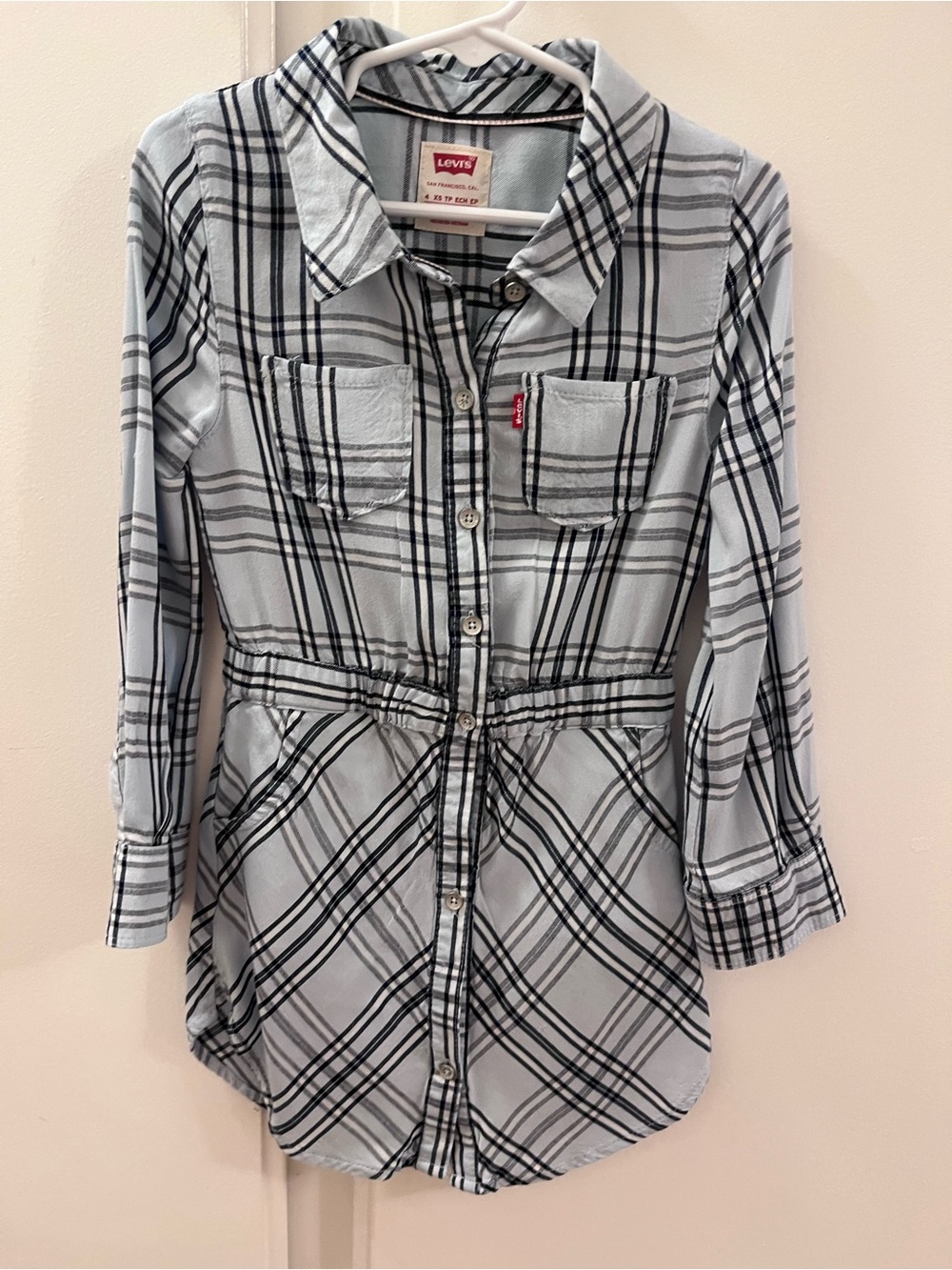 Levi's Light Blue and Black Plaid Shirt Dress - Size 4 (XS)